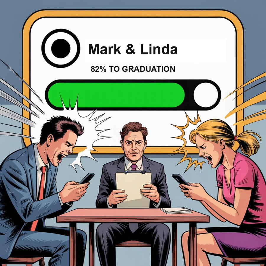 Mark and Linda yelling at their phones under a launchpad card reading 82% to graduation, the mediator calm between them